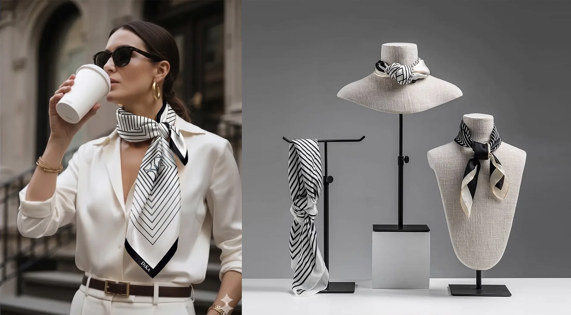 Different ways to tie a silk scarf around your neck – classic knot, elegant long drape, and loosely tied floral scarf styling.